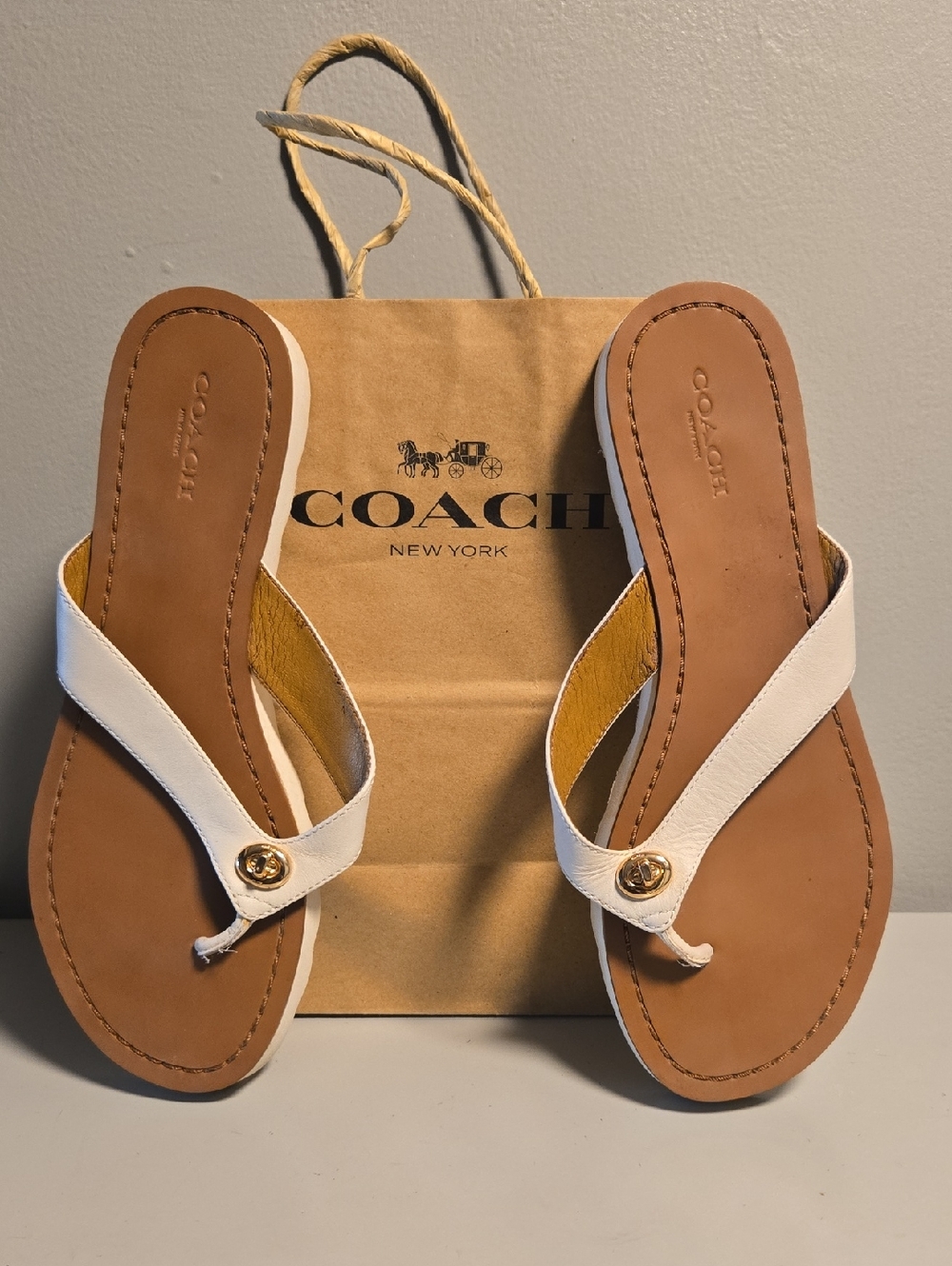 Coach Turnlock Sandals White Leather Thong with Gold Logo Accent